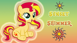 Size: 1920x1080 | Tagged: safe, artist:barrfind, artist:fluttershy-7, edit, sunset shimmer, pony, unicorn, g4, cute, cutie mark, female, filly, filly sunset shimmer, shimmerbetes, solo, vector, wallpaper, younger