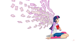 Size: 1920x1080 | Tagged: safe, artist:bipole, twilight sparkle, human, g4, book, clothes, female, humanized, implied wings, magic, nail polish, pages, shirt, simple background, skirt, socks, solo, transparent background, twilight sparkle (alicorn)