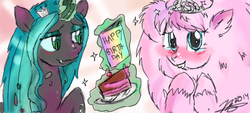 Size: 920x415 | Tagged: safe, artist:mrscurlystyles, queen chrysalis, oc, oc:fluffle puff, g4, birthday, cake, tiara