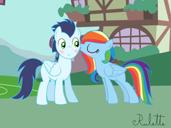 Size: 1024x768 | Tagged: safe, artist:rulette, rainbow dash, soarin', g4, alternate hairstyle, blank flank, blushing, female, kissing, male, mane swap, ship:soarindash, shipping, smiling, straight