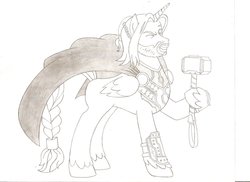 Size: 1600x1162 | Tagged: safe, artist:jmkplover, pony, armor, cape, clothes, mjölnir, ponified, solo, thor, wink