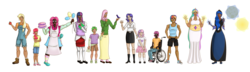 Size: 4226x1216 | Tagged: safe, artist:picklepiecow, apple bloom, applejack, fluttershy, pinkie pie, rainbow dash, rarity, scootaloo, spike, sweetie belle, twilight sparkle, human, g4, clothes, cutie mark crusaders, dark skin, ethnically diverse, hijab, humanized, islam, mane seven, mane six, simple background, transparent background, wheelchair