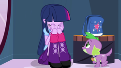 Size: 1920x1080 | Tagged: safe, screencap, spike, twilight sparkle, dog, equestria girls, g4, my little pony equestria girls, backpack, boots, clothes, crying, female, male, sad, shoes, skirt, spike the dog, spike's dog collar