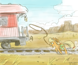 Size: 1000x834 | Tagged: safe, artist:king-kakapo, applejack, earth pony, pony, g4, chase, female, galloping, gritted teeth, lasso, late, mouth hold, running, solo, train, wide eyes