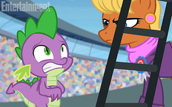 Size: 612x380 | Tagged: safe, screencap, ms. harshwhinny, spike, dragon, earth pony, pony, equestria games, g4, entertainment weekly, female, frown, glare, gritted teeth, mare, nervous, the equestria games