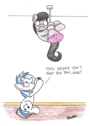 Size: 1514x2117 | Tagged: safe, artist:bobthedalek, dj pon-3, octavia melody, vinyl scratch, earth pony, pony, spider, unicorn, g4, arachnophobia, hanging, lampshade, nope, scared, traditional art