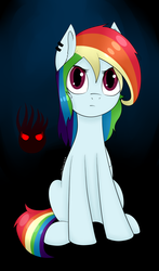 Size: 4414x7500 | Tagged: safe, artist:lace_felora, rainbow dash, pony, g4, abstract background, absurd resolution, ear piercing, female, mare, piercing, signature, sitting, solo, wingless