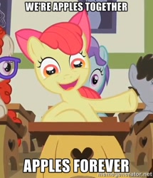 Size: 430x500 | Tagged: safe, apple bloom, earth pony, pony, g4, apples to the core, creepy, female, filly, foal, image macro, meme, song reference