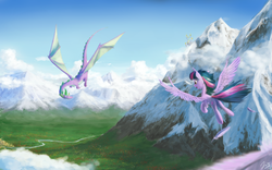 Size: 1024x640 | Tagged: safe, artist:anticular, spike, twilight sparkle, alicorn, pony, g4, canterlot, female, flying, mare, mountain, older, older spike, scenery, twilight sparkle (alicorn), wings