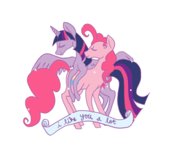 Size: 1740x1498 | Tagged: dead source, safe, artist:tinyfeather, pinkie pie, twilight sparkle, alicorn, pony, g4, eyes closed, female, mare, old banner, ship:twinkie, shipping, twilight sparkle (alicorn)