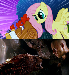 Size: 1280x1381 | Tagged: safe, edit, screencap, fluttershy, cockatrice, earth pony, hellhound, human, pony, g4, stare master, female, irl, irl human, male, mare, photo, riddick, the chronicles of riddick, the stare