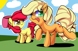 Size: 1024x666 | Tagged: safe, artist:madacon, apple bloom, applejack, earth pony, pony, g4, apple sisters, bucking, cloud, ear fluff, female, filly, foal, looking back, mare, missing accessory, siblings, sisters, smiling, sun