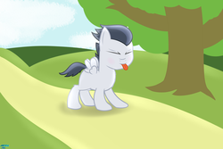 Size: 2500x1666 | Tagged: safe, artist:jettaarts, rumble, pegasus, g4, :p, colt, cute, dirt road, eyes closed, foal, male, solo, tongue out, tree