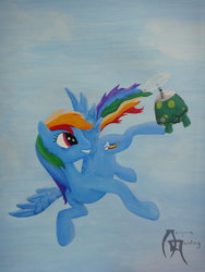 Size: 1024x1365 | Tagged: safe, artist:vanjirra, rainbow dash, tank, g4, flying, traditional art