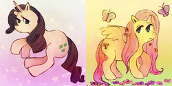 Size: 1000x499 | Tagged: safe, artist:cactuscakes, fluttershy, rarity, butterfly, g4