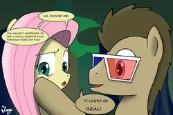 Size: 1200x800 | Tagged: safe, artist:tikyotheenigma, doctor whooves, fluttershy, time turner, g4, 3d glasses