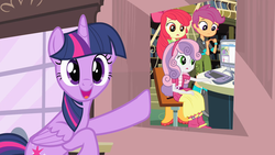 Size: 1280x720 | Tagged: safe, edit, edited screencap, screencap, apple bloom, derpy hooves, scootaloo, sweetie belle, twilight sparkle, derpibooru, equestria girls, g4, three's a crowd, accepted meme that never ends, boots, clothes, cutie mark crusaders, hoodie, jeans, meme, pants, shirt, shoes, shorts, skirt, the meme that never ends, twilight poster meme, twilight sparkle (alicorn)