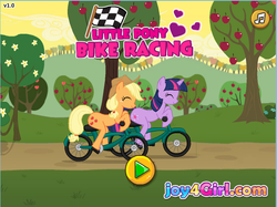 Size: 644x482 | Tagged: safe, screencap, applejack, twilight sparkle, g4, bicycle, biker, bootleg, flash game, game, incorrect leg anatomy, joy4girl, little pony bike racing, online game, race, ripoff, seems legit, sweet apple acres, unofficial, wat