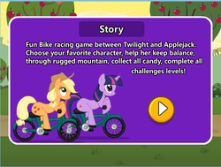 Size: 641x485 | Tagged: safe, screencap, applejack, twilight sparkle, g4, bicycle, biker, bootleg, flash game, game, incorrect leg anatomy, joy4girl, little pony bike racing, race, ripoff, seems legit, story, sweet apple acres, wat