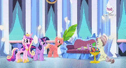 Size: 640x346 | Tagged: safe, screencap, crystal varado, fleur de verre, princess cadance, spike, twilight sparkle, alicorn, crystal pony, pony, equestria games (episode), g4, season 4, animated, female, gif, height difference, hub logo, hubble, like a boss, mare, physique difference, sisters-in-law, slender, the hub, thin, twilight sparkle (alicorn)