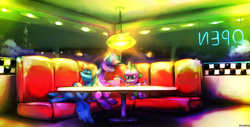 Size: 1951x990 | Tagged: safe, artist:sharpieboss, rainbow dash, spike, twilight sparkle, g4, cup, diner, drinking, eyes closed, female, interior, lesbian, night, on back, quill, reclining, shake, ship:twidash, shipping, sitting, snuggling, table