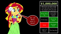 Size: 720x405 | Tagged: safe, sunset shimmer, equestria girls, g4, winter wrap up, art of the dress, at the gala, clothes, cutie mark crusaders song, female, game show, grass skirt, greed, heart carol, hula, hulashimmer, japanese dub, lei, love is in bloom, skirt, smile song, solo, song, this day aria, tomodachi wa mahou, trivia