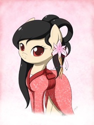 Size: 1152x1536 | Tagged: safe, artist:jdan-s, pony, clothes, cytus, flower, flower in hair, kimono (clothing), looking at you, ponified, saika, smiling, solo