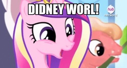 Size: 1494x802 | Tagged: safe, screencap, crystal varado, princess cadance, crystal pony, pony, equestria games (episode), g4, didney worl, hub logo, image macro, meme