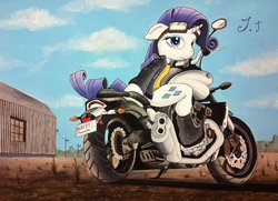 Size: 1052x760 | Tagged: safe, artist:jet-ann, rarity, g4, female, motorcycle, solo, traditional art