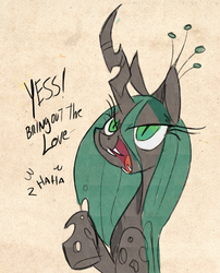 Size: 500x619 | Tagged: safe, artist:herny, queen chrysalis, changeling, changeling queen, g4, dialogue, female, laughing, solo