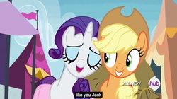 Size: 1280x719 | Tagged: safe, screencap, applejack, rarity, g4, trade ya!, bag, hub logo, meme, outdoors, sky, tent, youtube caption