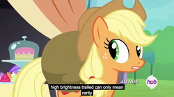 Size: 1280x719 | Tagged: safe, screencap, applejack, creamcup, g4, trade ya!, cake, cupcake, female, hub logo, logic, logical deduction, meme, outdoors, solo, youtube caption