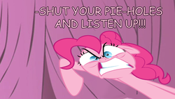 Size: 1280x720 | Tagged: safe, pinkie pie, g4, female, meme, pervertedcmc, pink text, rage face, solo