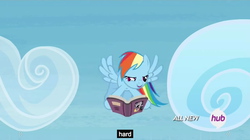 Size: 1280x719 | Tagged: safe, screencap, rainbow dash, g4, trade ya!, book, cloud, daring do and the sapphire statue, female, flying, hub logo, lidded eyes, meme, sky, solo, wingboner, youtube caption