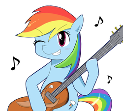 Size: 898x813 | Tagged: safe, artist:timorikawa, rainbow dash, g4, bass guitar, female, music notes, musical instrument, pixiv, playing, solo, wink