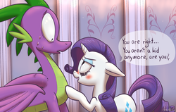 Size: 2987x1902 | Tagged: safe, artist:draneas, artist:vanripper, rarity, spike, fanfic:like fine wine, g4, :o, bedroom eyes, blushing, colored, crying, dialogue, duo, fanfic, fanfic art, female, flirting, floppy ears, imminent sex, male, mascara, older, older spike, running makeup, ship:sparity, shipping, straight, sweat, wide eyes, winged spike, wings