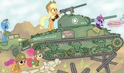 Size: 1285x759 | Tagged: safe, artist:colorcopycenter, apple bloom, applejack, scootaloo, trixie, twilight sparkle, g4, army, clothes, glowing horn, goggles, gun, horn, jeep, m4 sherman, machine gun, magic, military uniform, tank (vehicle), telekinesis, us army, war, weapon, world war ii