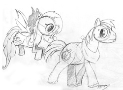 Size: 2730x1995 | Tagged: safe, artist:thetruewizardkitty, big macintosh, fluttershy, earth pony, pony, g4, flutterbat, male, monochrome, ship:fluttermac, shipping, sketch, stallion, straight