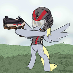 Size: 3240x3240 | Tagged: safe, artist:spazzymcnugget, derpy hooves, pony, g4, armor, bipedal, female, gun, helmet, high res, planetside, planetside 2, solo, terran republic, this will end in tears, tongue out