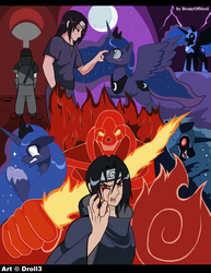 Size: 971x1258 | Tagged: safe, artist:droll3, nightmare moon, princess luna, g4, blood, crossover, crossover shipping, fanfic art, moon, naruto, shipping, susanoo, uchiha itachi