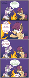 Size: 600x1608 | Tagged: safe, artist:slitherpon, apple bloom, scootaloo, sweetie belle, pegasus, pony, unicorn, moody mark crusaders, g4, alternate universe, bandage, campfire, comic, cutie mark crusaders, female, filly, fire, foal, sitting, stitches, sweetie fail, sweetiedumb