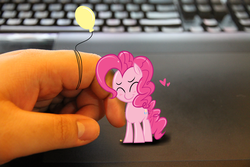 Size: 5184x3456 | Tagged: safe, artist:celine-artnsfw, pinkie pie, human, g4, balloon, blushing, cute, diapinkes, eyes closed, hand, heart, irl, micro, photo, ponies in real life, rubbing, smiling, snuggling