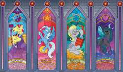 Size: 2759x1626 | Tagged: safe, artist:andypriceart, edit, derpy hooves, flam, flim, queen chrysalis, trixie, alicorn, changeling, flutter pony, pony, g4, idw, reflections, spoiler:comic, bright eyes (mirror universe), dark mirror universe, does not compute, equestria-3, eyeshadow, flim flam brothers, gavel, glasses, honorable flam, honorable flim, mirror universe, princess of humility, race swap, reversalis, stained glass, trixiecorn, underp, yin-yang