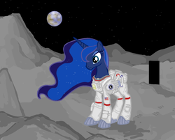 Size: 1120x900 | Tagged: safe, artist:colorcopycenter, princess luna, g4, 2001: a space odyssey, astronaut, crater, female, monolith, moon, solo, space, spacesuit