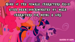 Size: 500x281 | Tagged: safe, edit, screencap, applejack, pinkie pie, rarity, twilight sparkle, g4, feminism is magic, meta, text