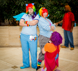 Size: 2000x1821 | Tagged: artist needed, safe, big macintosh, rainbow dash, scootaloo, human, g4, 2012, anime weekend atlanta, convention, cosplay, goggles, irl, irl human, pepsi, photo