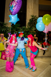 Size: 1333x2000 | Tagged: artist needed, safe, pinkie pie, rainbow dash, human, g4, 2012, anime weekend atlanta, balloon, convention, cosplay, goggles, irl, irl human, leg warmers, photo, shortalls