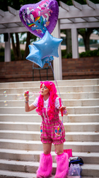 Size: 1121x2000 | Tagged: artist needed, safe, pinkie pie, human, g4, 2012, anime weekend atlanta, balloon, bubble, convention, cosplay, irl, irl human, leg warmers, photo, shortalls, solo