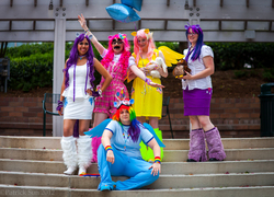 Size: 2000x1437 | Tagged: artist needed, safe, fluttershy, owlowiscious, pinkie pie, rainbow dash, rarity, twilight sparkle, human, g4, 2012, anime weekend atlanta, balloon, convention, cosplay, groucho mask, irl, irl human, leg warmers, photo, plushie