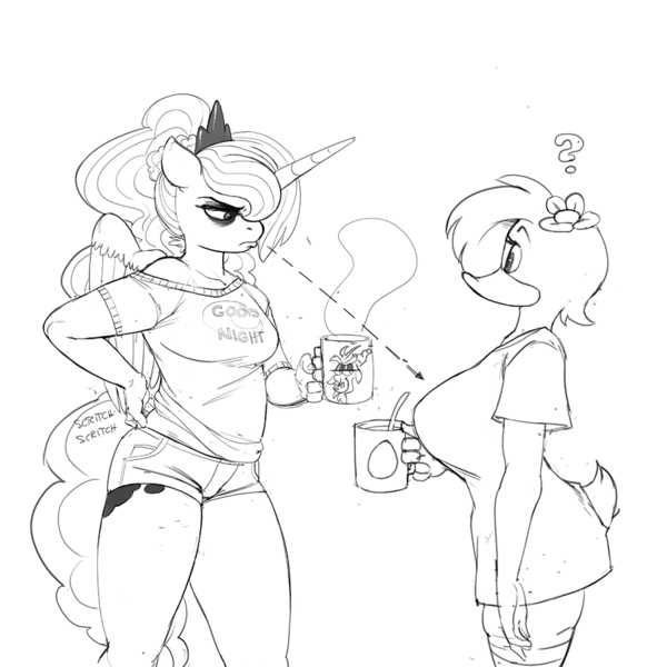 631652 - safe, artist:kevinsano, discord, princess luna, duck, anthro,  luna-afterdark, g4, big breasts, breast envy, breasts, clothes, coffee,  coffee mug, duck tits, duo, female, grayscale, herny, monochrome, mug,  shorts, song in the